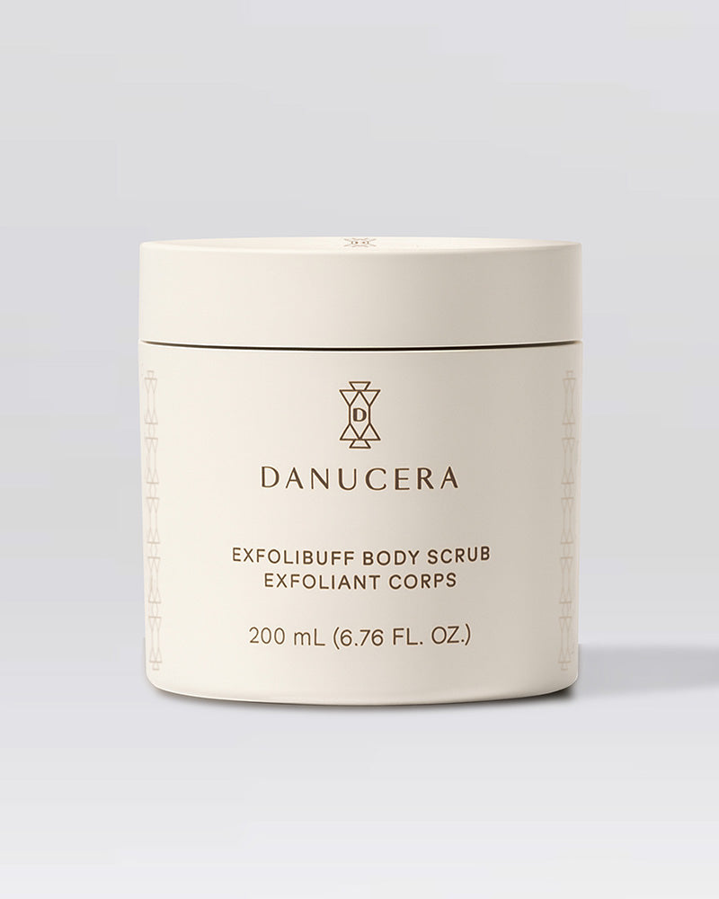 Danucera ExfoliBuff Body Scrub container on a light gray background
